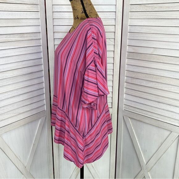 a.n.a. Striped Flounce Sleeve Tunic Blouse Pink Large - Picture 2 of 13